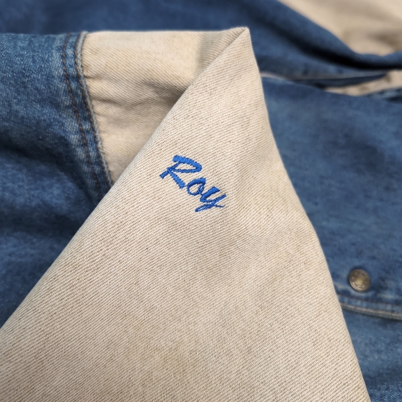 Vintage Denim Varsity Jacket Embroidered Canada Flag American Flag Size XL - Picture 8 of 12